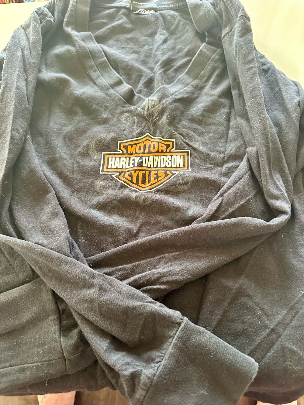 Harley-Davidson Black Long Sleeve V-Neck with Orange Shield Emblem
